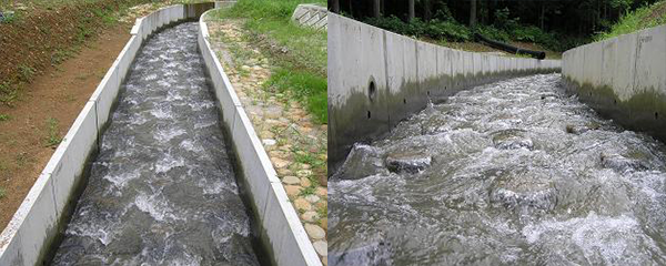 5)　急傾斜水路（減勢水路） 急勾配の斜流水路に人工粗度を設け、減勢しつつ通水する。